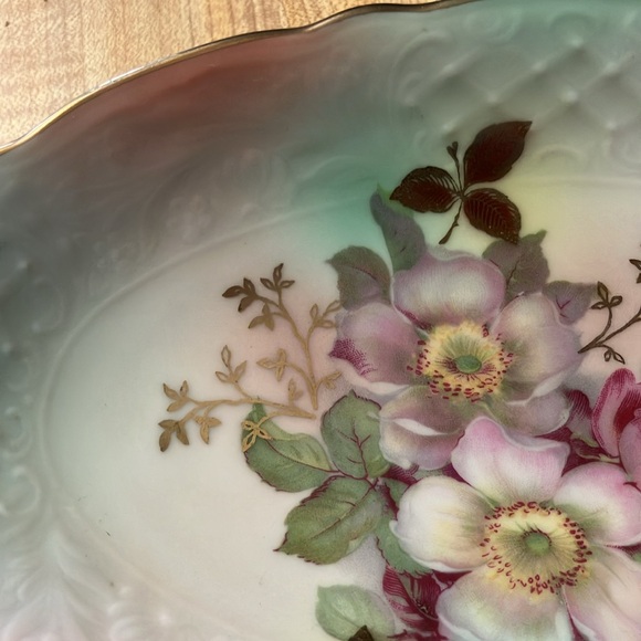 Schumann Bavaria German Oval Celery Dish Antique Gold Fall Floral Roses - Picture 4 of 5